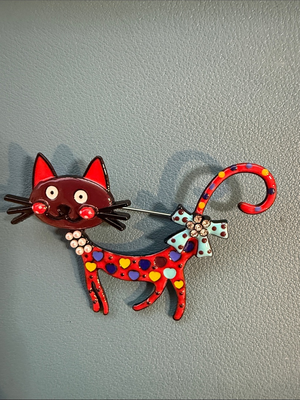 Whimsical Red Cat Brooch with Multicolor Hearts and Blue Bow